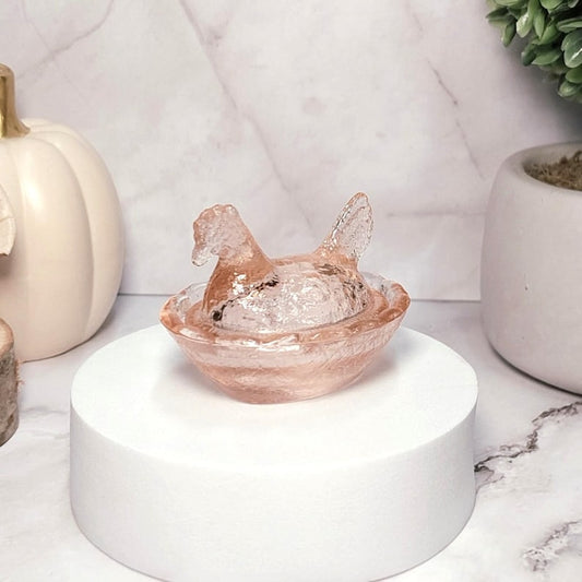 Vintage Pink Amber Depression Style Glass Hen on Nest Chicken Salt Cellar Dish